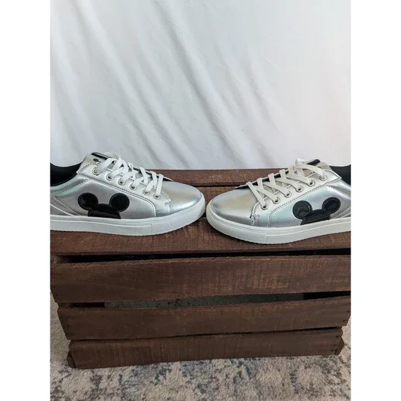 Disney Mickey Mouse Womens 10 Sneakers Silver with Mickey Ears Shoes Lace Up - Picture 7 of 9